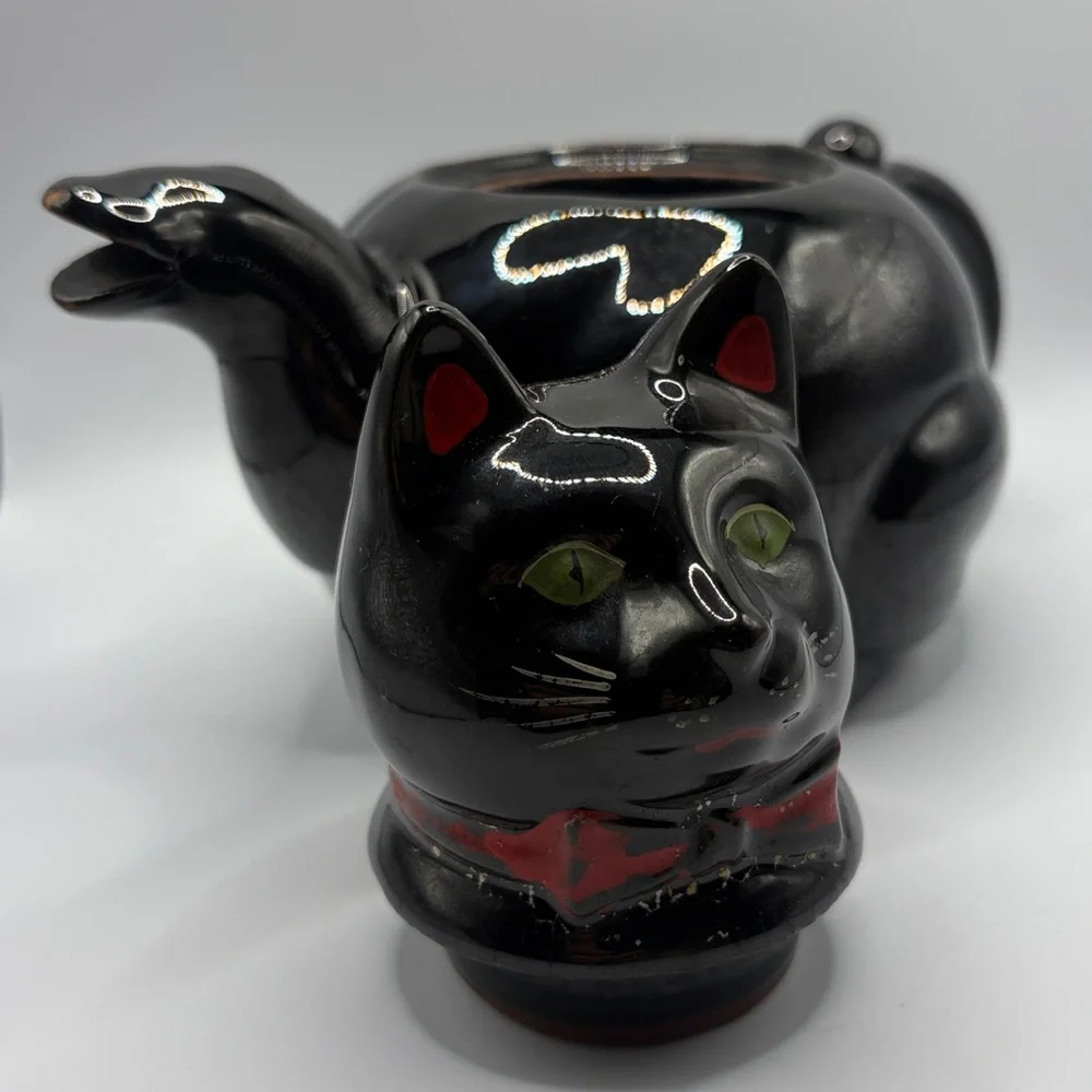 Shafford Redware Vintage Hand Painted Black Cat Kitsch Pottery Teapot, Lidded